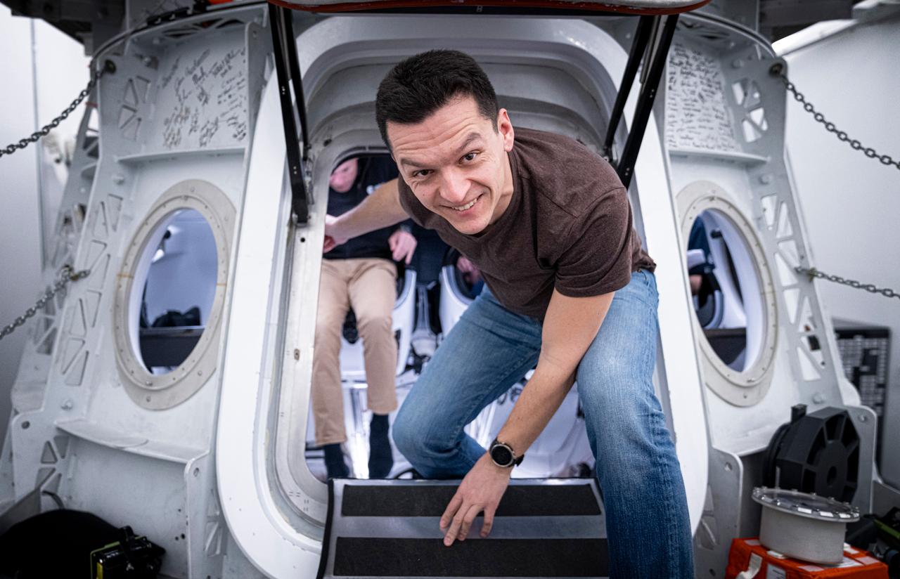 NASA's SpaceX Crew-7 crew in training at SpaceX in Hawthorne, California, before their mission to the International Space Station. Konstantin Borisov is photographed here. Imagery provided by SpaceX