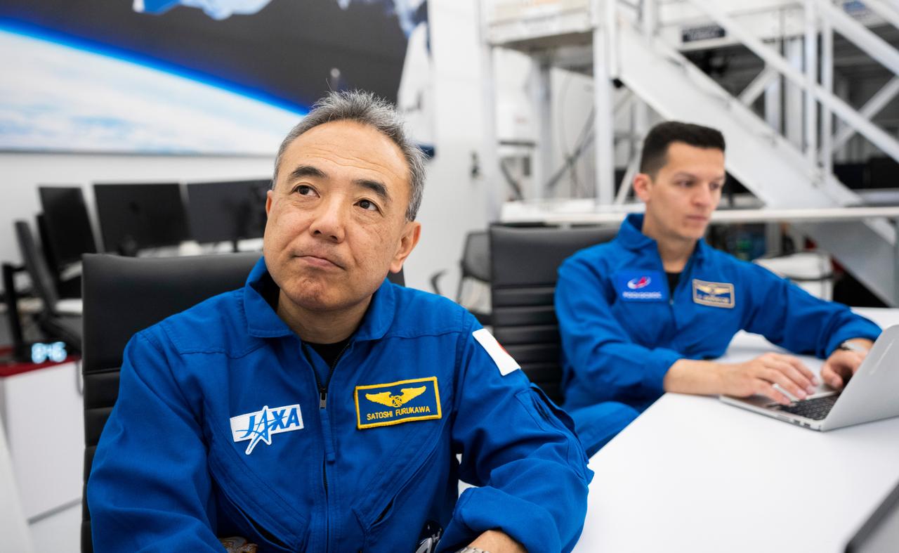 NASA's SpaceX Crew-7 is photographed in training at SpaceX in Hawthorne, California. Konstantin Borisov (right) and Satoshi Furukawa (right) are pictured here. Imagery provided by SpaceX.