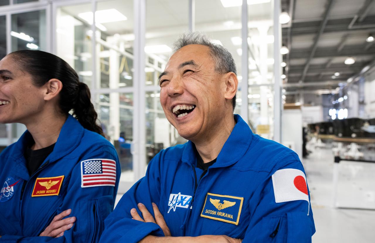 NASA's SpaceX Crew-7 in training at SpaceX in Hawthorne, California before their mission to the International Space Station. Satoshi Furukawa is photographed on the right.  Imagery provided by SpaceX