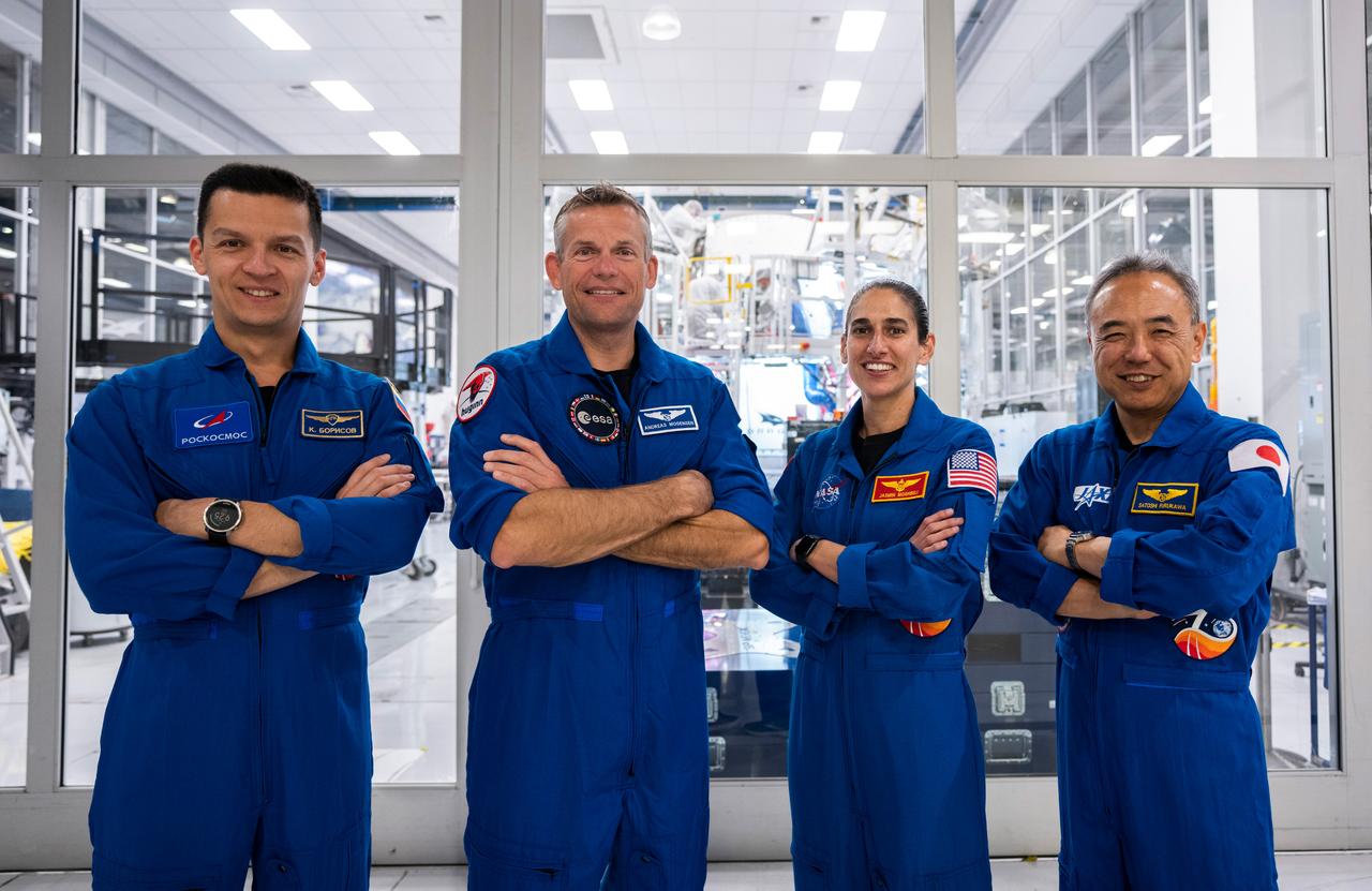 NASA's SpaceX Crew-7 crew poses for a photo at SpaceX in Hawthorne, California during a trip to train for their International Space Station mission. Imagery provided by SpaceX