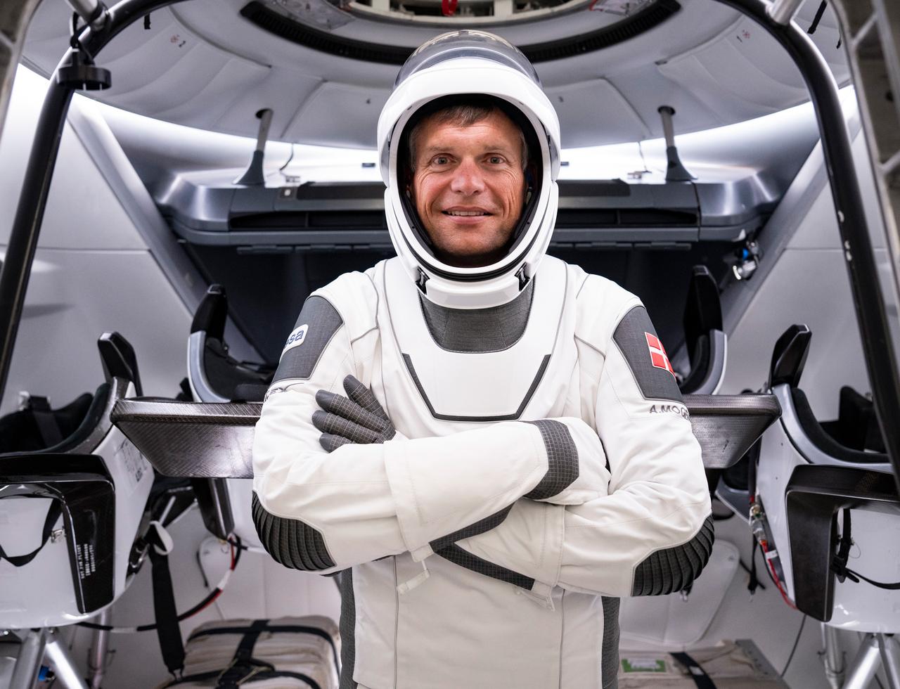 NASA's SpaceX Crew-7 in training at SpaceX in Hawthorne, California before their mission to the International Space Station. Andreas Mogensen poses for a photo. Imagery provided by SpaceX