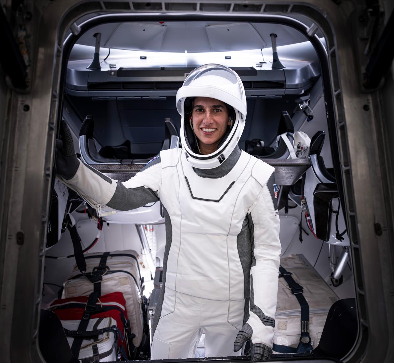 NASA's SpaceX Crew-7 crew in training at SpaceX in Hawthorne, California, before their mission to the International Space Station. Jasmin Moghbeli is photographed here. Imagery provided by SpaceX