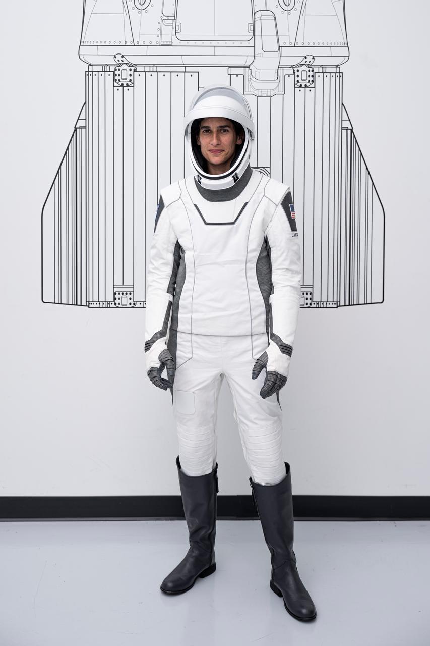 NASA's SpaceX Crew-7 in training at SpaceX in Hawthorne, California before their mission to the International Space Station. Jasmin Moghbeli is photographed in this portrait. Imagery provided by SpaceX