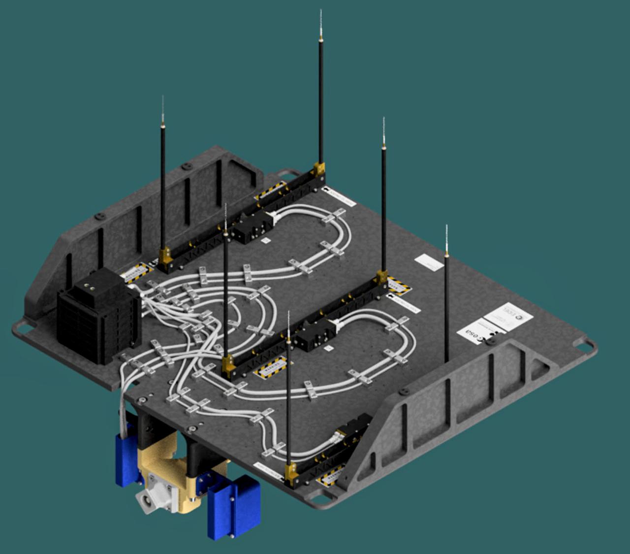 jsc2023e046373 (7/25/2023) --- Artistic rendering of the ram facing side of the Multi-Needle Langmuir Probe (m-NLP). The m-NLP will provide measurements of plasma density variation at spatial scales below one meter. Image courtesy of the University of Oslo, Maren C. Lithun