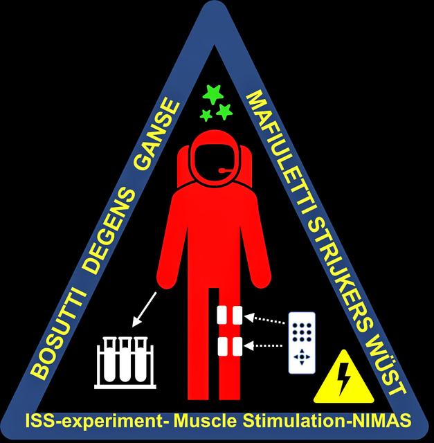 jsc2023e053549 (9/18/2023) --- The Muscle Stimulation Patch is designed to represent the aims of the experiment, namely apply inflight a small electrical muscle stimulation (represented by the yellow triangle) to the leg muscles (white arrows) of astronauts on-board the ISS, to sustain their muscle mass and performance, and measure with several experimental techniques (represented by the white cuvettes) in which way the muscles respond to this exercise modality delivered in Space (represented by the green stars)..The patch’s colors represent the Countries of the team members (Italy, United Kingdom, Germany, The Netherlands and Switzerland). Image courtesy of ESA.