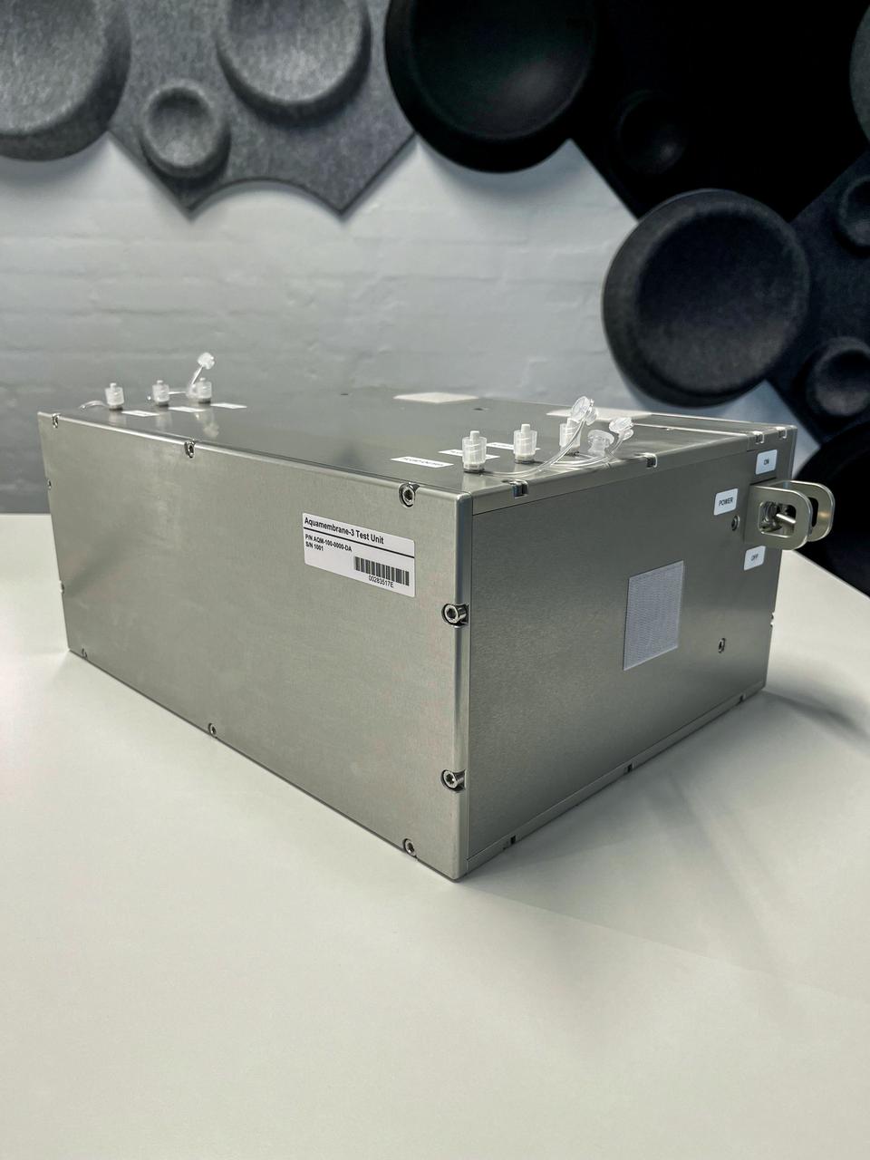 jsc2023e055873 (10/5/2023) --- The Testing Contaminant Rejection of Aquaporin Inside® HFFO Module (Aquamembrane-3) hardware consists of three separate and parallel systems to quantify the membrane's water flux and contamination rejection in microgravity, which are key parameters for a full water recovery system. This image shows the unit containing the forward osmosis membranes and other fluid system components.