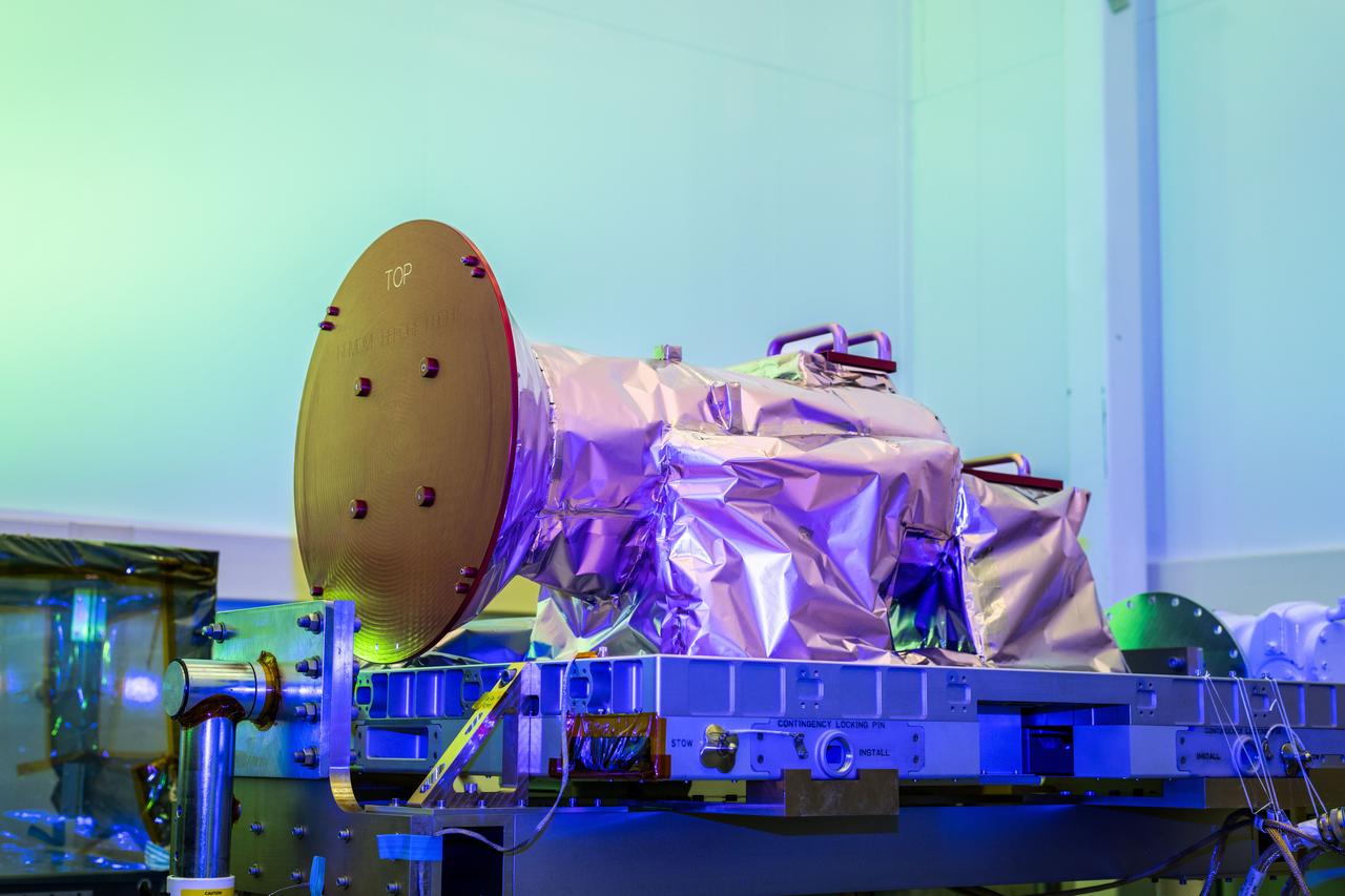 jsc2023e055881 (5/26/2023) --- NASA’s Atmospheric Waves Experiment (AWE) payload is shown in this May 26, 2023, photo at Space Dynamics Laboratory (SDL) facilities on Utah State University’s Innovation Campus with its red remove-before-flight covers installed. Image courtesy of SDL/Allison Bills.