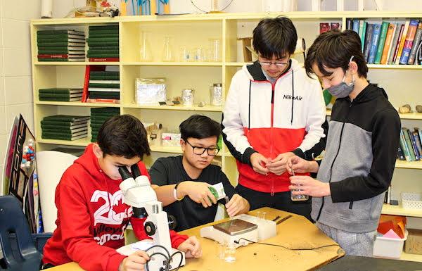 jsc2023e065189 (1/24/2023)  --- Student researchers ( left to right: Scott Erskine, Marcus Li, XiaoLin Liu and Samuel Cullen) work on their experiment examining the Effects of Microgravity on the Statoliths and Statocyst Cells in Lepidium sativum (Garden Cress), which will be included in the Nanoracks-National Center for Earth and Space Science Education-Orbiter-Student Spaceflight Experiments Program Mission 17 to ISS (Nanoracks-NCESSE-Orbiter-SSEP).