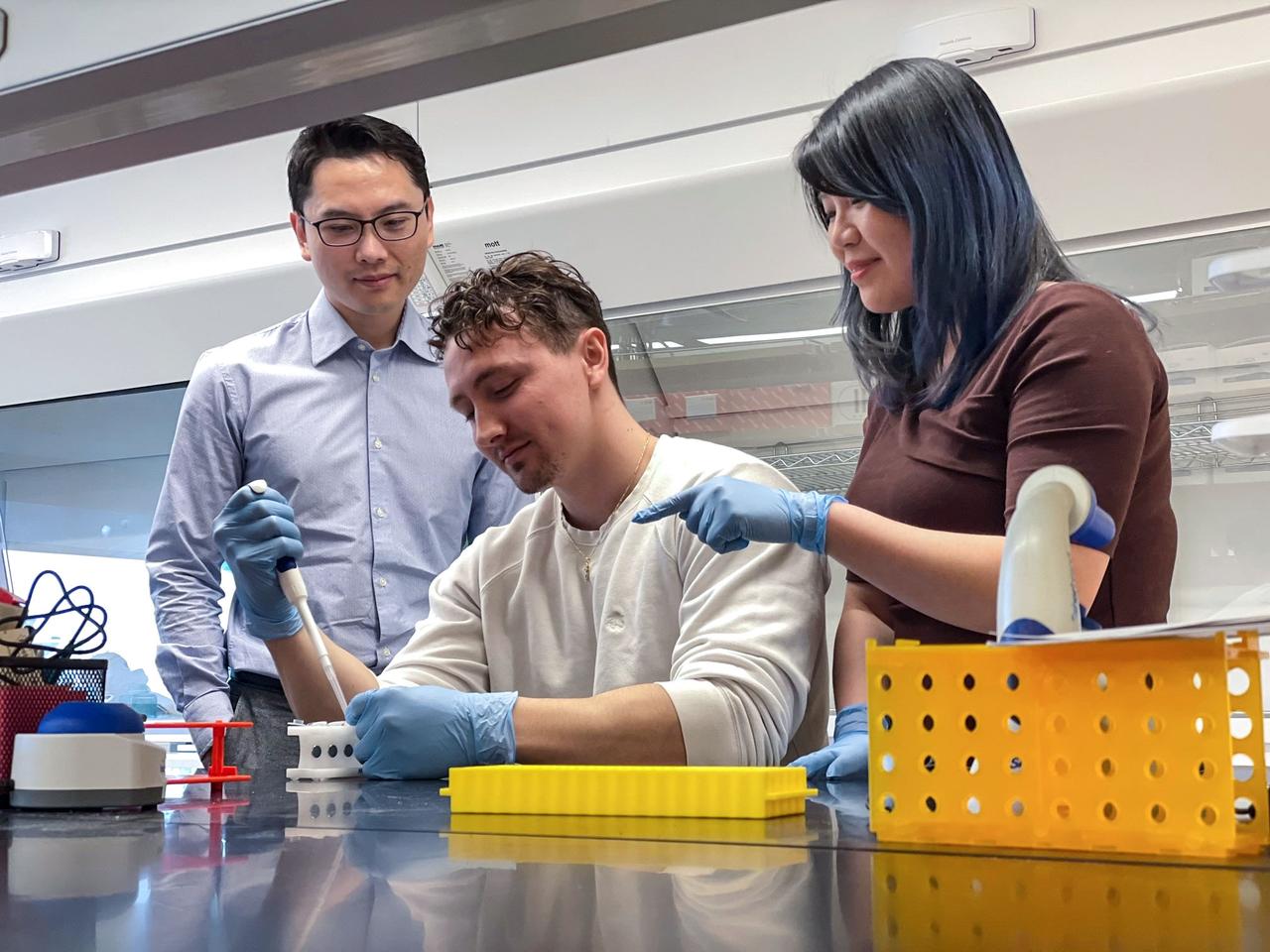 jsc2024e005965 (1/12/2024) --- The Compartment Cartilage Tissue Construct team includes Dr. Yupeng Chen (Associate Professor of Biomedical Engineering from University of Connecticut), Ian Sands (Ph.D. candidate from University of Connecticut) and Anne Yau (Ph.D. candidate from University of Connecticut). Image courtesy of the University of Connecticut.