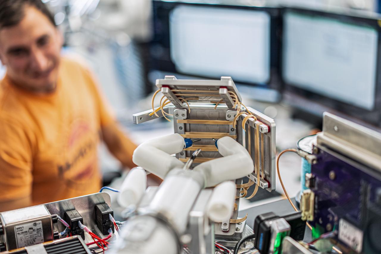 jsc2024e005977 (9/14/2023) --- MIRA, Virtual Incision’s miniaturized robotic assisted surgery system, is pictured in position to reach simulated surgical tissue. Robotic Surgery Tech Demo uses MIRA on the International Space Station to perform a set of pre-programmed movements. Image courtesy of Virtual Incision.