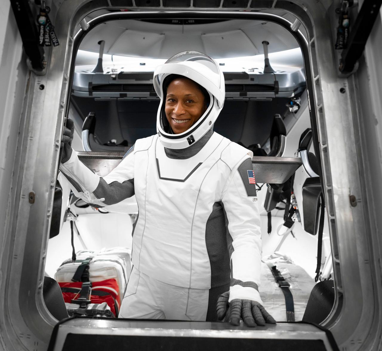 jsc2024e011728 (Oct. 16, 2023) --- NASA astronaut and SpaceX Crew-8 mission specialist Jeanette Epps is pictured in her pressure suit during a crew equipment integration test at SpaceX headquarters in Hawthorne, California. Credit: SpaceX