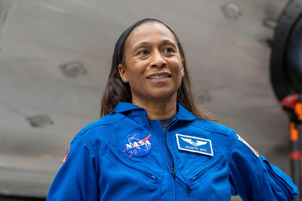 jsc2024e011738 (Oct. 12, 2023) --- SpaceX Crew-8 Mission Specialist Jeanette Epps poses for a photo inside SpaceX Hangar X at the Kennedy Space Center in Florida. Hangar X supports Falcon 9 rocket refurbishment and houses administration offices. Credit: SpaceX