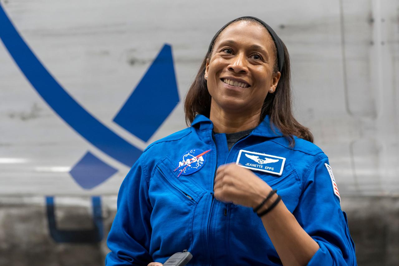 jsc2024e011742 (Oct. 12, 2023) --- SpaceX Crew-8 Mission Specialist Jeanette Epps inside SpaceX Hangar X at the Kennedy Space Center in Florida. Hangar X supports Falcon 9 rocket refurbishment and houses administration offices. Credit: SpaceX