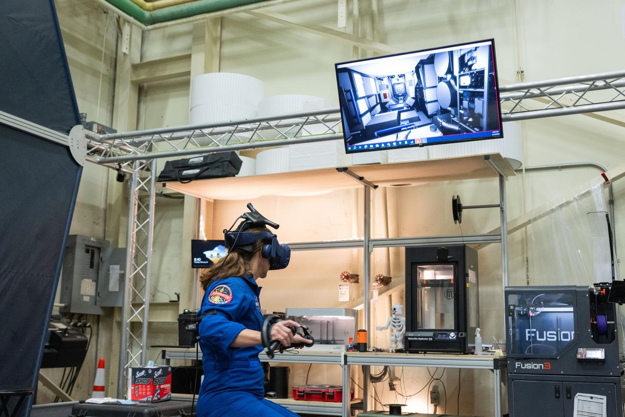 NASA astronaut Nicole Mann participates in virtual reality testing of the Gateway lunar space station to ensure its comfort and safety when astronauts live and conduct science there on future Artemis missions.   PHOTO DATE:  02-13-24 LOCATION:  Bldg. 15 - VR Lab SUBJECT:  Photographic support for Gateway Web Feature: VR Technology for Interior Gateway Training with astronaut Nicole Mann PHOTOGRAPHER:  Photo Credit: NASA / Bill Stafford