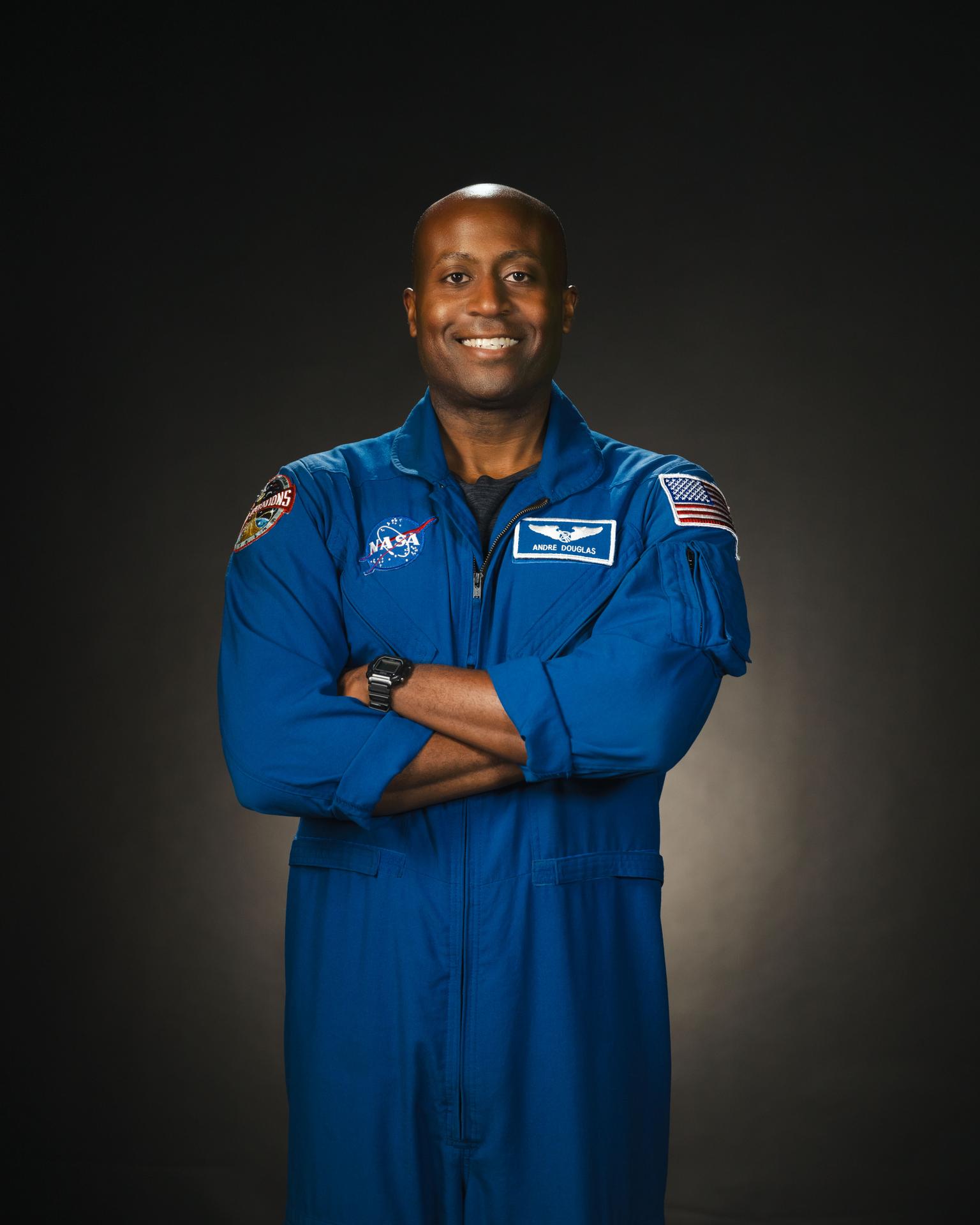 jsc2024e013661 (February 8, 2024) --- NASA astronaut Andre Douglas poses for a portrait at NASA’s Johnson Space Center in Houston, Texas. Credit: NASA/ Josh Valcarcel
