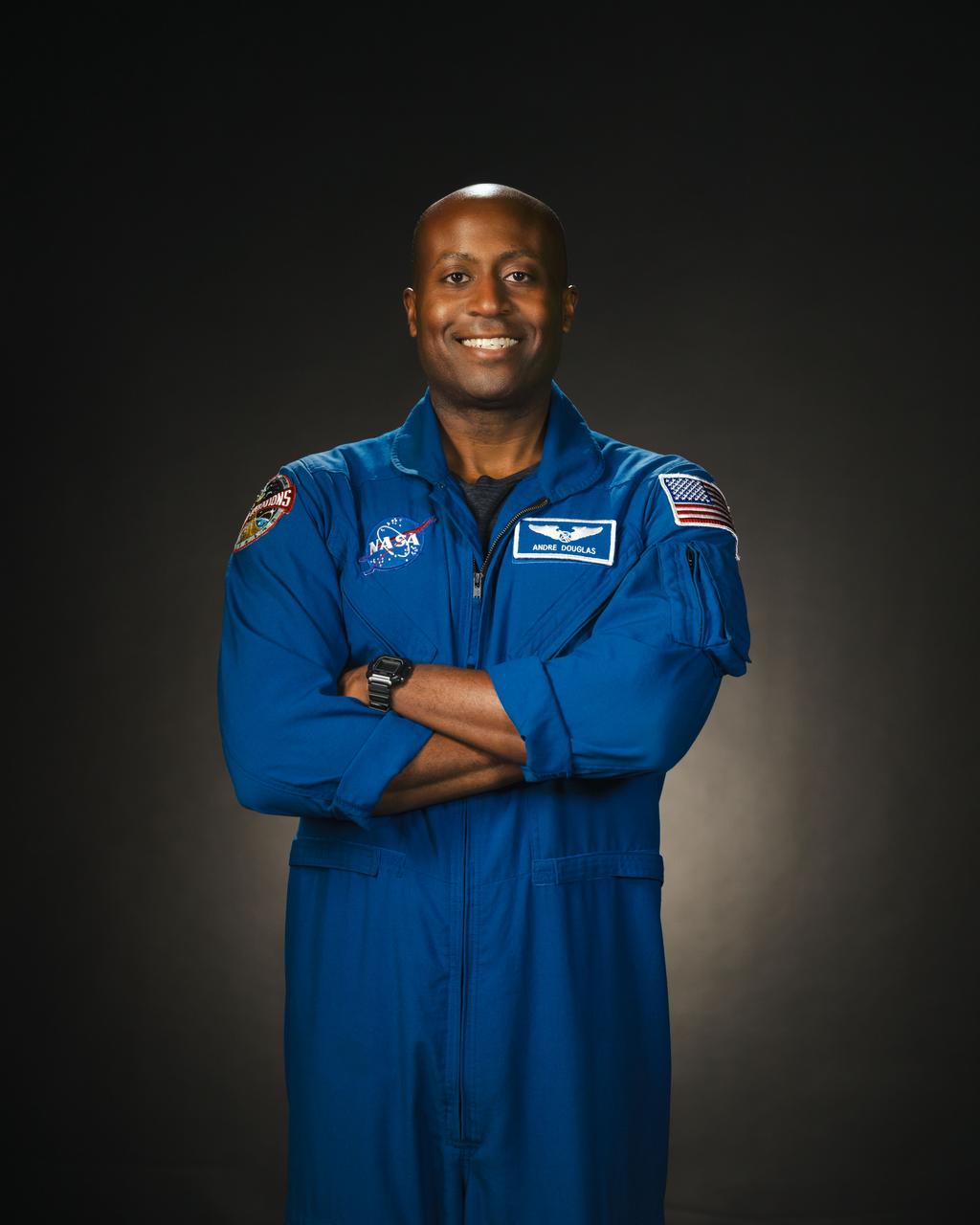   jsc2024e013661 (February 8, 2024) --- NASA astronaut Andre Douglas poses for a portrait at NASA’s Johnson Space Center in Houston, Texas. Credit: NASA/ Josh Valcarcel