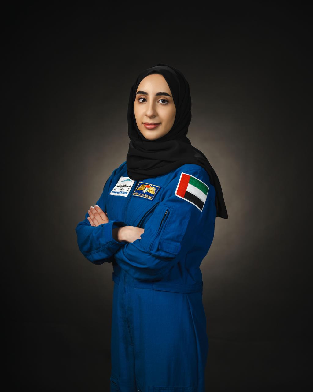   jsc2024e013669 (February 8, 2024) --- UAE astronaut Nora Almatrooshi poses for a portrait at NASA’s Johnson Space Center in Houston, Texas. Credit: NASA/ Josh Valcarcel
