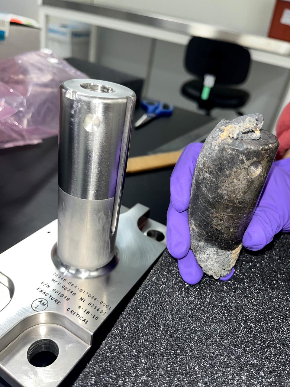 jsc2024e025649 (March 29, 2024) --- Recovered stanchion from the NASA flight support equipment used to mount International Space Station batteries on a cargo pallet. The stanchion survived re-entry through Earth’s atmosphere on March 8, 2024, and impacted a home in Naples, Florida.