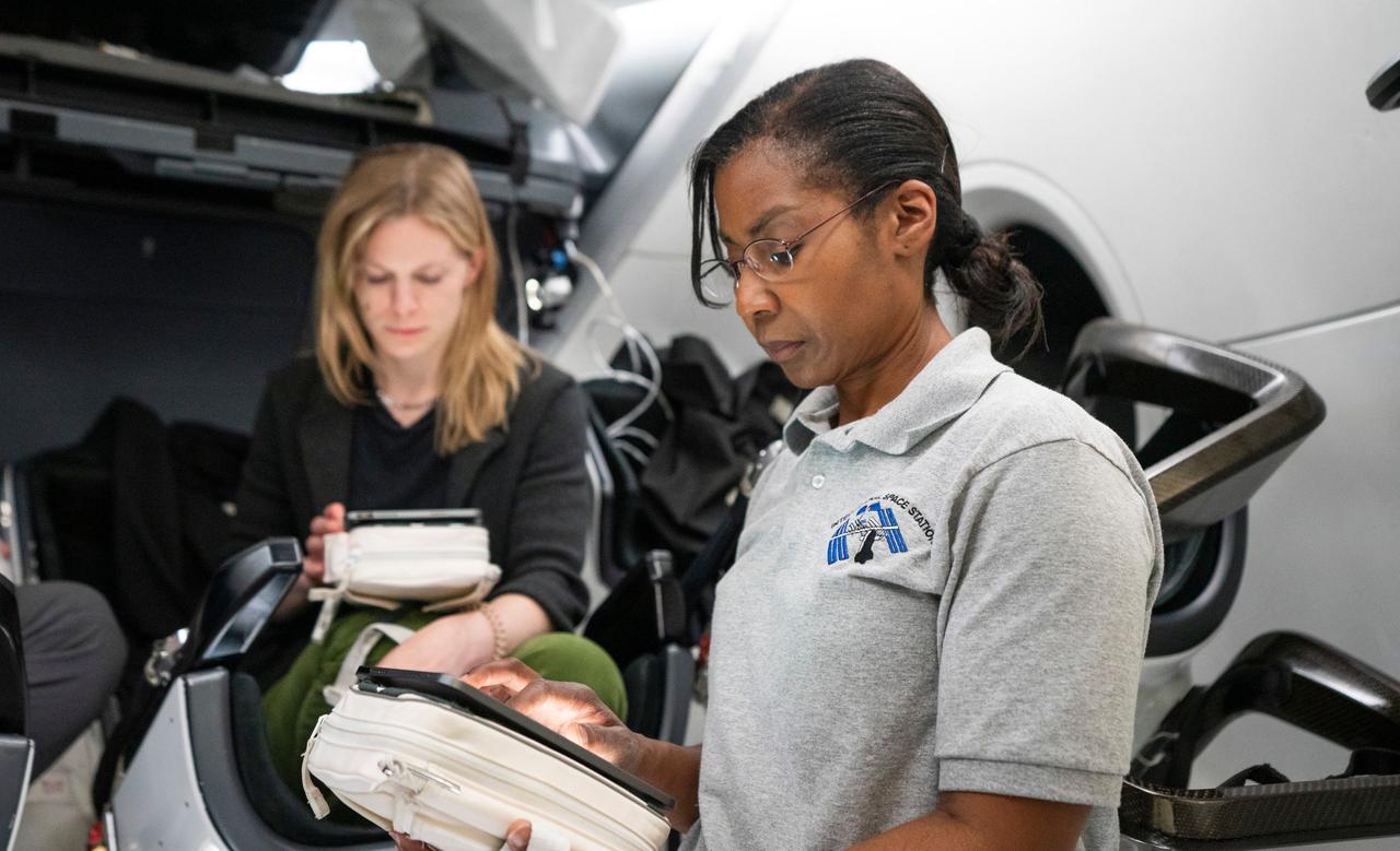 jsc2024e026554 (Nov. 22, 2023) --- SpaceX Crew-9 members Commander Zena Cardman and Mission Specialist Stephanie Wilson, both NASA astronauts, train for their upcoming mission to the International Space Station at SpaceX headquarters in Hawthorne, California. Credit: SpaceX