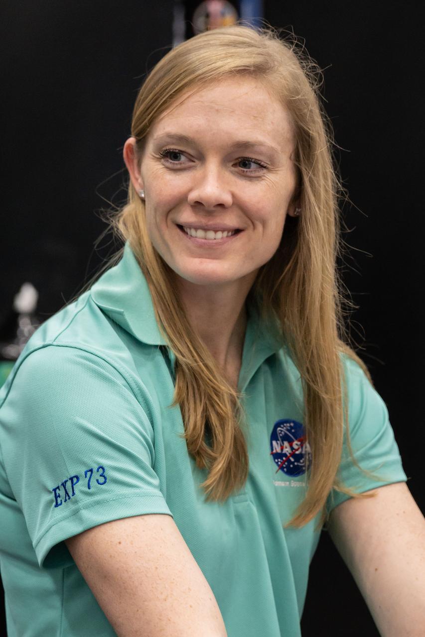 jsc2023e029660 (April 29, 2024) --- NASA astronaut and SpaceX Crew-10 Pilot Nichole Ayers listens to a presentation during pre-flight mission training in the Space Vehicle Mockup Facility at NASA's Johnson Space Center.