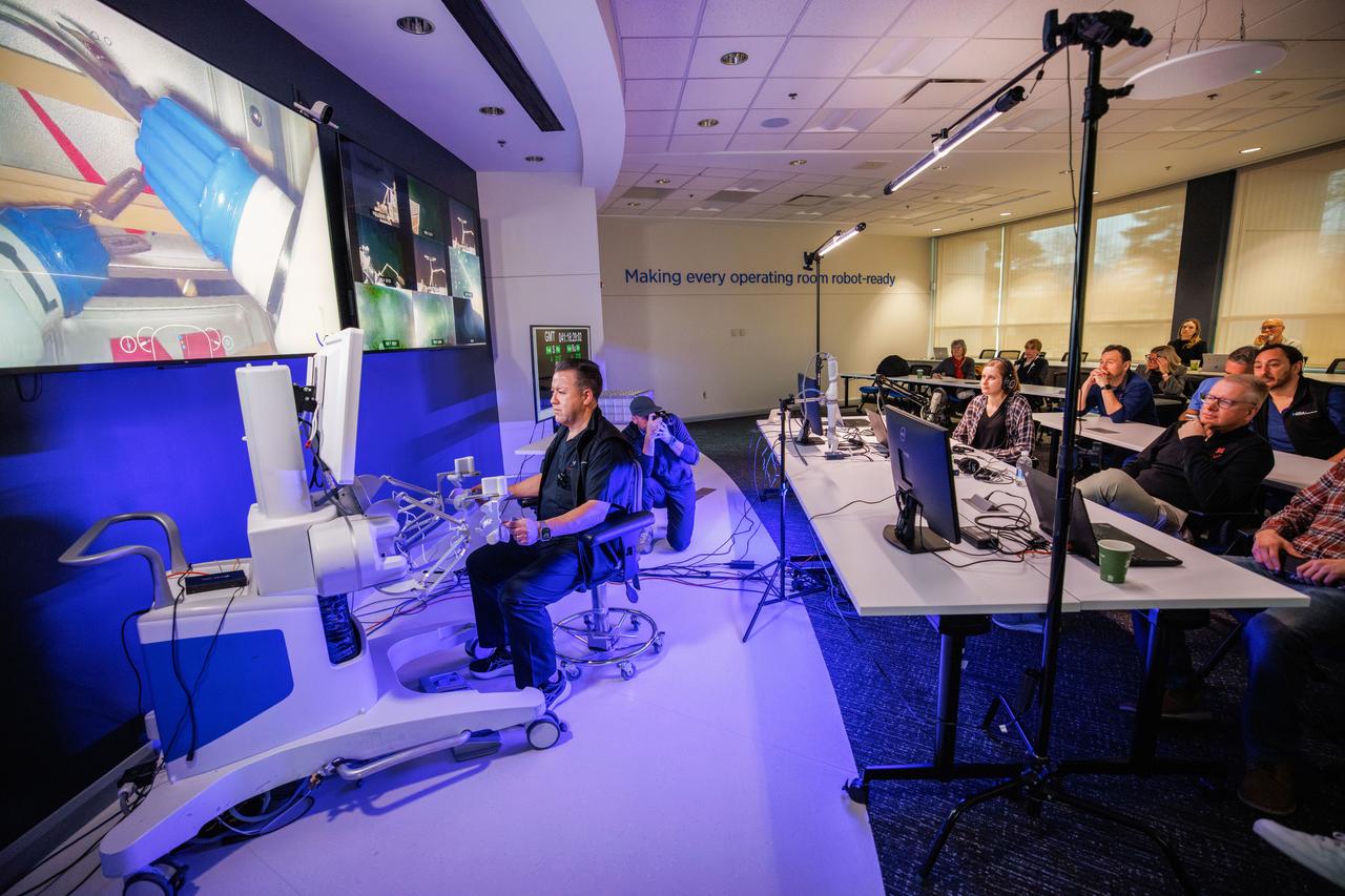 jsc2024e041213 (2/10/2024) --- Dr. Michael Jobst remotely operates a surgical robot aboard the International Space Station using controls at the Virtual Incision offices in Lincoln, Nebraska. Robotic Surgery Tech Demo tests techniques for performing robotic surgery in microgravity using a miniature surgical robot that can be remotely controlled or teleoperated from Earth. Results from this investigation could support the development of robotic systems to perform remote procedures. Miniaturization and the ability to remotely control robots may help to make surgery available anywhere and anytime. Image courtesy of the University of Nebraska-Lincoln.