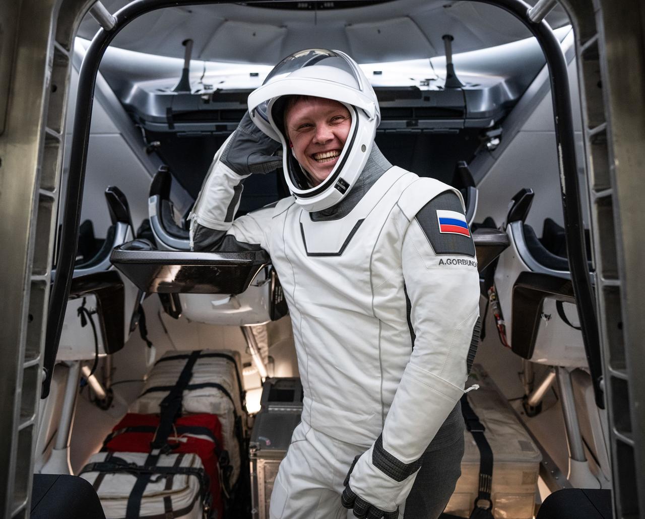 jsc2024e042503 (May 5, 2024) --- Roscosmos cosmonaut and SpaceX Crew-9 Mission Specialist Aleksandr Gorbunov is pictured in his pressure suit during a crew equipment integration test at SpaceX headquarters in Hawthorne, California. Credit: SpaceX