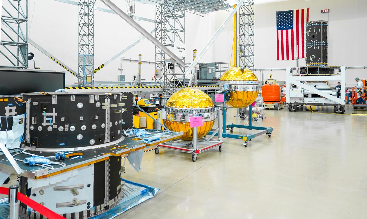 Hardware for the Gateway space station’s Power and Propulsion element, including its primary structure and fuel tanks ready for assembly, are shown at Maxar Space Systems in Palo Alto, California.