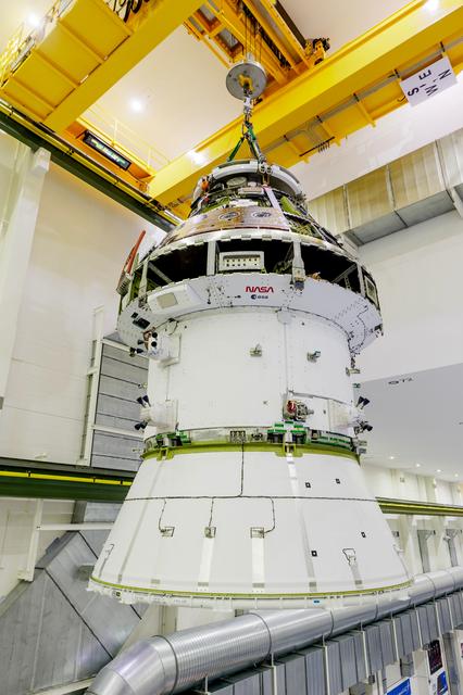 NASA image: Artemis II Orion Spacecraft Lifted into Vacuum Chamber for Second Round of Testing
