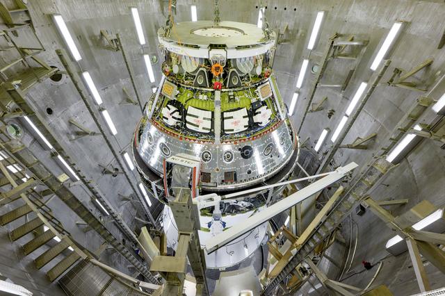 NASA image: Artemis II Orion Spacecraft Lifted into Vacuum Chamber for Second Round of Testing