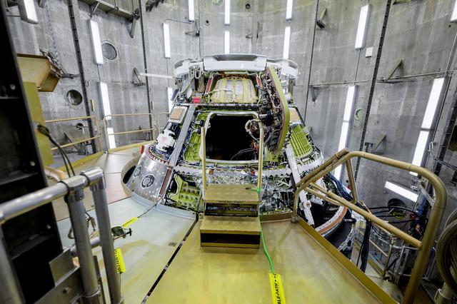 NASA image: Artemis II Orion Spacecraft Lifted into Vacuum Chamber for Second Round of Testing