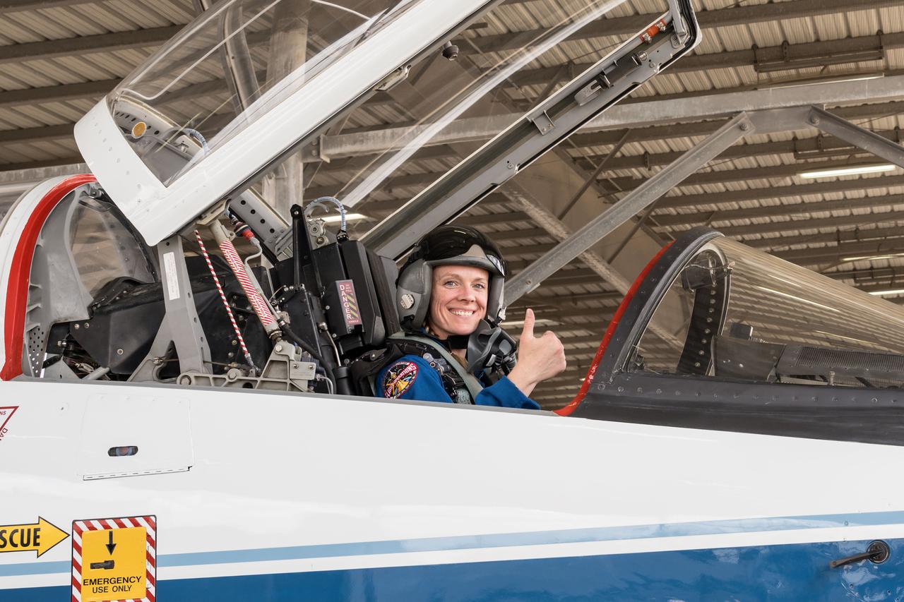 jsc2023e049694 (July 16, 2024) --- NASA astronaut and SpaceX Crew-10 Pilot Nichole Ayers is seated in a T-38 aircraft trainer during pre-flight mission training at Ellington Field in Houston, Texas.