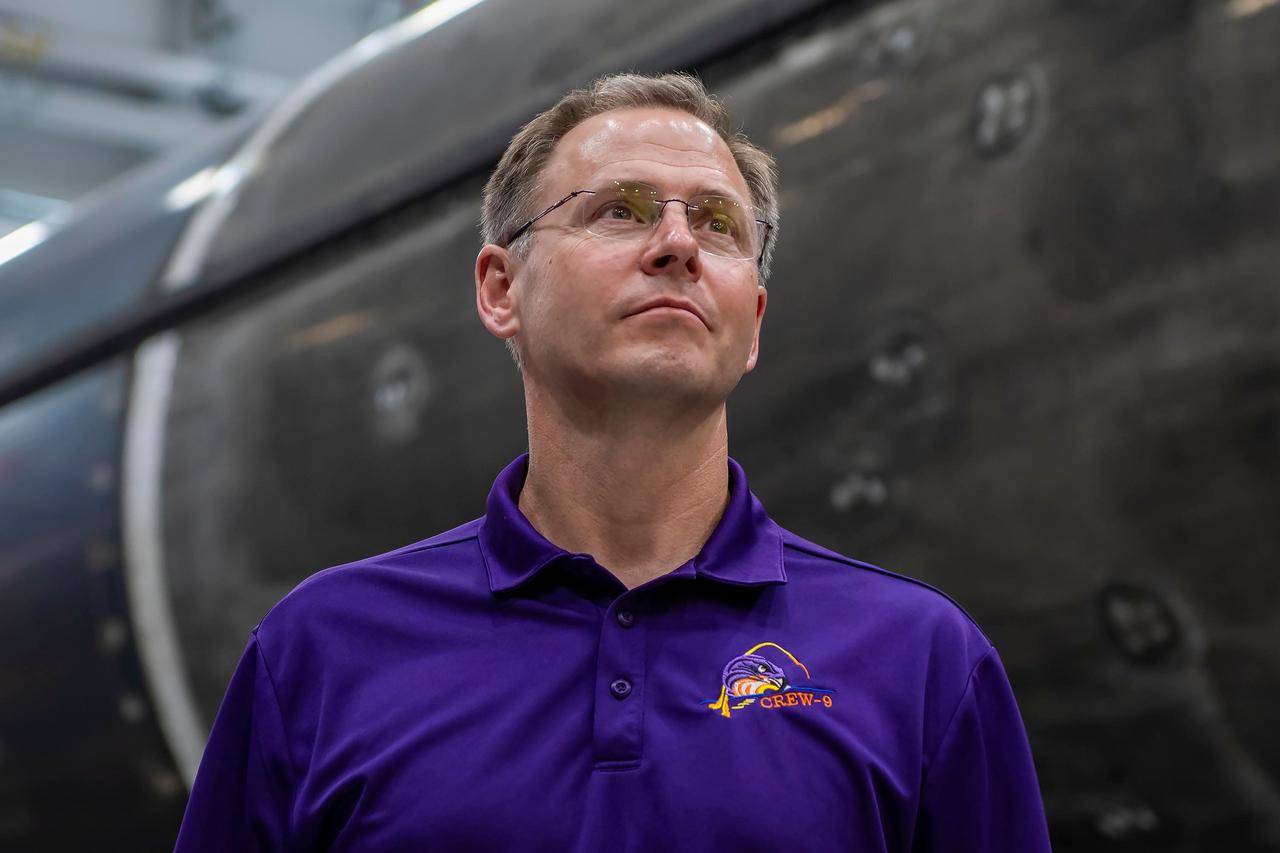 jsc2024e050141 (May 13, 2024) --- NASA’s SpaceX Crew-9 Pilot Nick Hague is pictured at SpaceX’s HangarX facility at NASA's Kennedy Space Center in Florida. Credit: SpaceX