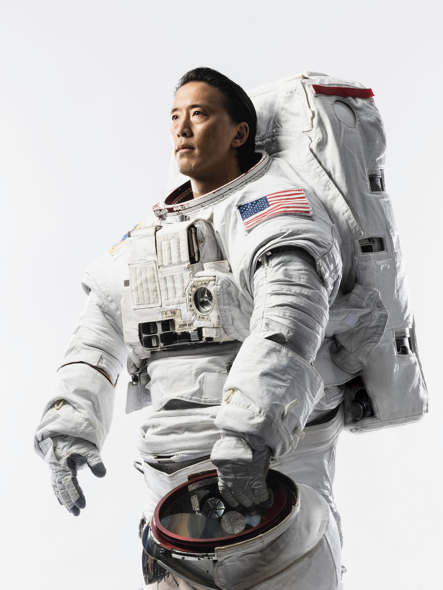 Portrait of NASA Astronaut Jonny Kim in an Extravehicular Mobility Unit (EMU) spacesuit taken at NASA's Johnson Space Center in Houston, Texas.