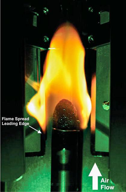 jsc2024e053517 (8/8/2024) --- A plexiglass rod burns in microgravity for the Solid Fuel Ignition and Extinction - Material Ignition and Suppression Test (SoFIE-MIST) investigation. Once each rod is ignited, the flame spreads upstream from the ignition end of the rod. As tests progress, the flame spreads along the rod, consuming oxygen. Once the oxygen concentration drops low enough, the flame extinguishes due to natural oxygen depletion. Data to measure the oxygen concentration, flow rate, and heat loss is obtained at the three test pressures. SoFIE-MIST aims to improve understanding of early fire growth behavior and validate models for material flammability, helping to inform the selection of safer materials for future space facilities and determine the best methods for extinguishing fires in space. .