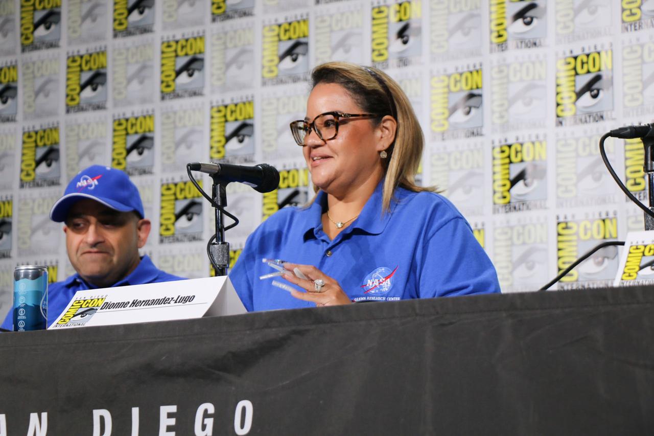 jsc2024e055754 (July 25, 2024) -- Dionne Hernandez-Lugo of the Gateway Program speaks about the pivotal role Gateway will play in the Artemis missions during the "Exploring the Moon: The Artemis Generation" panel at San Diego Comic-Con 2024. Photo Credit: NASA
