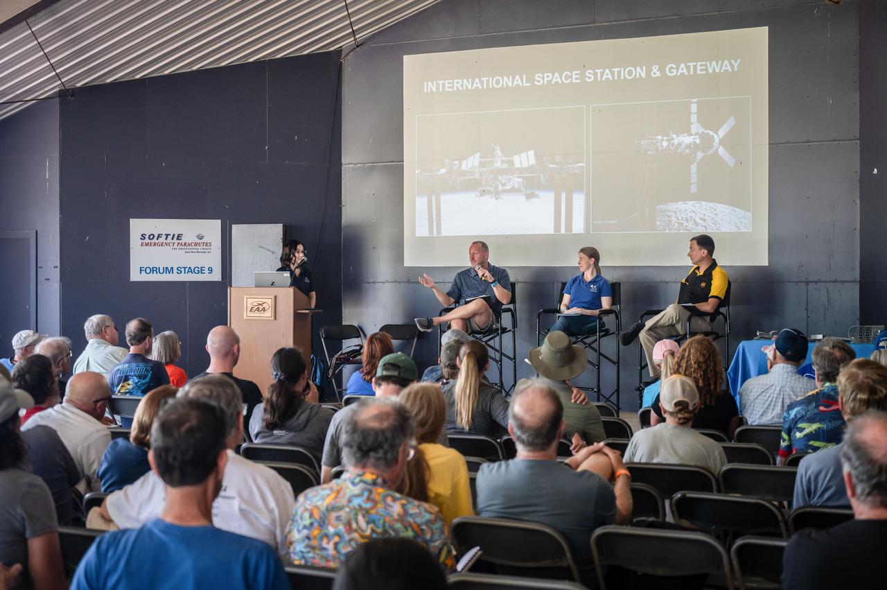 jsc2024e055762 (July 26, 2024) -- Dr. Jon Olansen, Gateway Program Manager, shares insights about Gateway during the "Living the Lunar Life" forum at EAA AirVenture 2024. The panel, held on July 26, focused on the intricacies of lunar living as NASA prepares to undertake unprecedented exploration of the Moon with Artemis. Photo Credit: NASA/Andrew Carlsen  