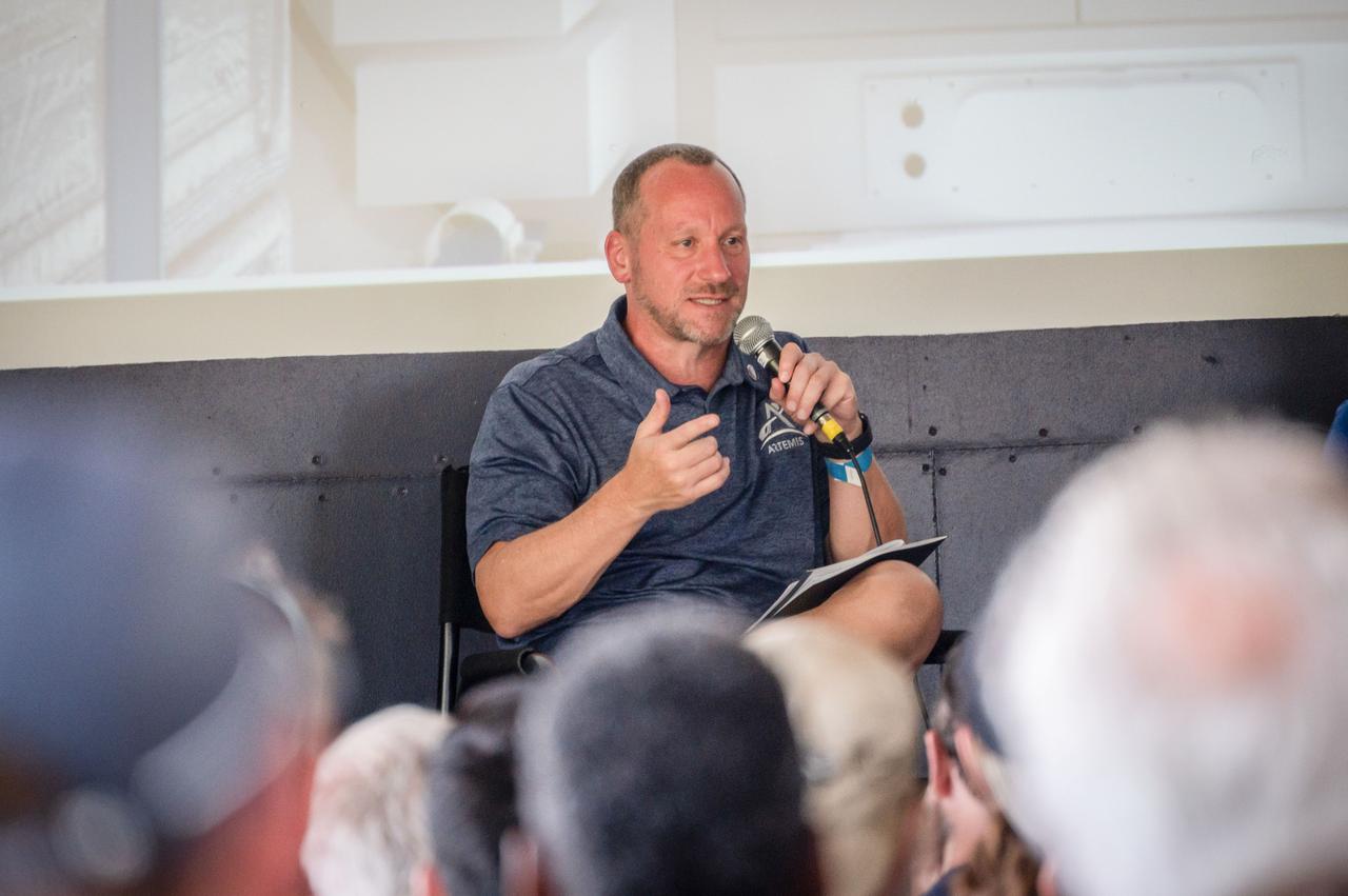 jsc2024e055763 (July 26, 2024) -- Dr. Jon Olansen, Gateway Program Manager, shares insights about Gateway during the "Living the Lunar Life" forum at EAA AirVenture 2024. The panel, held on July 26, focused on the intricacies of lunar living as NASA prepares to undertake unprecedented exploration of the Moon with Artemis. Photo Credit: NASA/Andrew Carlsen  