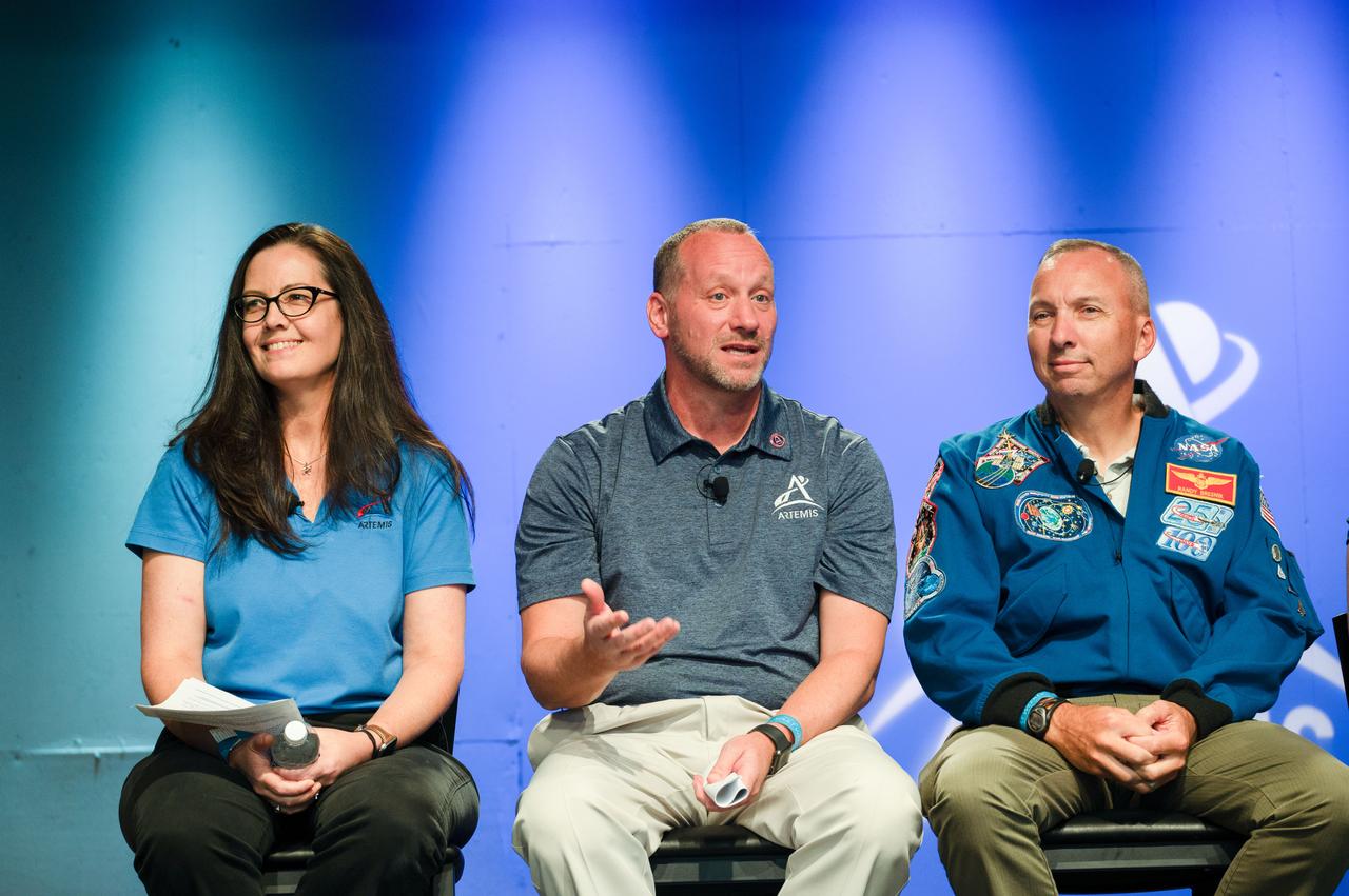  jsc2024e055766 (July 26, 2024) -- Dr. Jon Olansen, Gateway Program Manager, shares insights during "The Historic Artemis II Mission" forum held at EAA AirVenture Oshkosh 2024. The panel, held at the Theater in the Woods on July 26, discussed NASA's upcoming Artemis II mission and the innovative technologies enabling humanity's return to the Moon. Photo Credit: NASA/Andrew Carlsen  