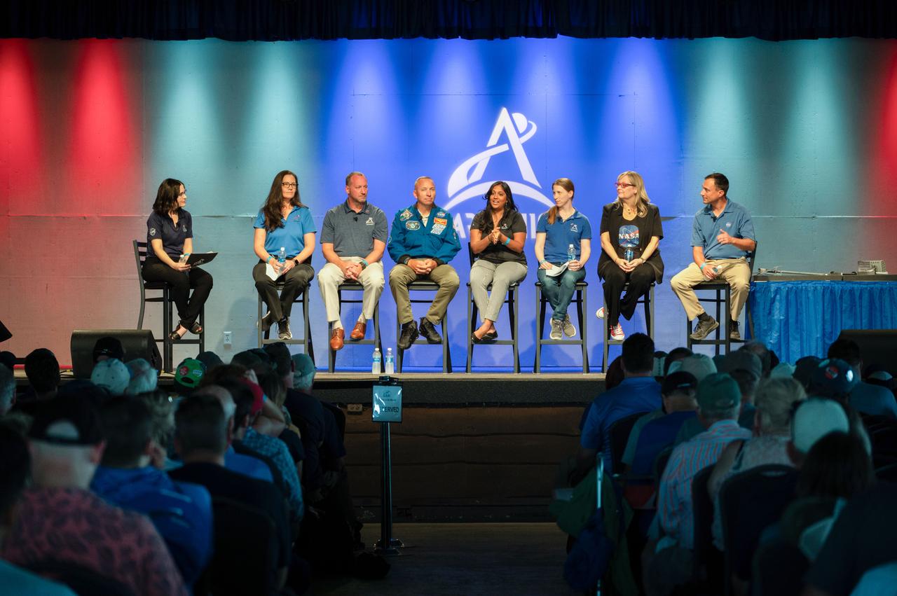 jsc2024e055768 (July 26, 2024) -- The panel for "The Historic Artemis II Mission" forum at EAA AirVenture Oshkosh 2024, featuring NASA experts including Dr. Jon Olansen, Gateway Program Manager (center). The discussion covered the Artemis II mission's significance in lunar exploration and the groundbreaking technologies that will enable future missions to the Moon and beyond. Photo Credit: NASA/Andrew Carlsen