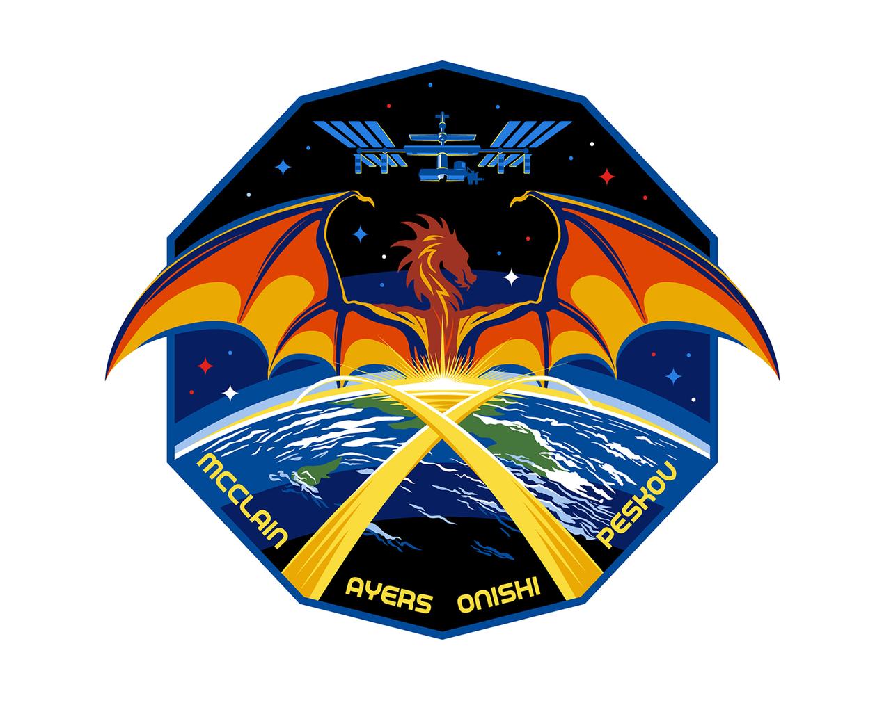 jsc2024e060607 (Sept. 4, 2024) --- The SpaceX Crew-10 patch was thoughtfully designed by the four-person crew. They used AI for initial inspiration, while the ever-irreplaceable human perfected the design and brought the patch to fruition. It is a 10-sided patch with the roman numeral X boldly in the center, representing the 10th operational flight of the Crew Dragon spacecraft.    The Dragon, also the capsule’s namesake, is wings out in full flight, representing the four professional pilots that make up the crew complement. The Dragon, illuminated by one of Earth’s stunning and beautiful sunrises, is focused on the ISS and its mission, while keeping a watchful position above Earth.    The stars are red, white, and blue for the flag colors of each crew members’ home country, and the brightest stars represent the crew’s closest family members and support system.