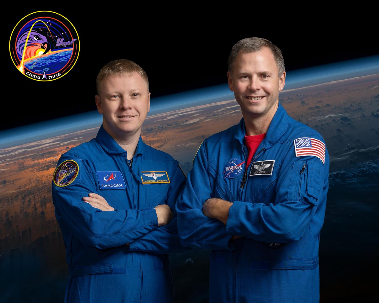 jsc2024e061425 (Oct. 27, 2023) --- SpaceX Crew-9 members (from left) Mission Specialist Aleksandr Gorbunov from Roscosmos and Commander Nick Hague from NASA pose for an official crew portrait at NASA's Johnson Space Center in Houston, Texas. Credit: NASA/Josh Valcarel