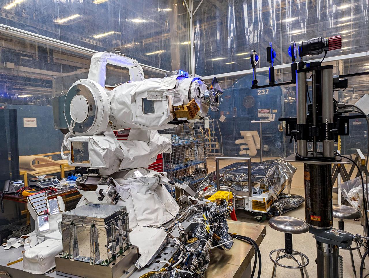 jsc2024e061944 (3/20/2024) --- The COronal Diagnostic EXperiment (CODEX) instrument performs day-in-the-life testing at the Goddard Space Flight Center. This uses an artificial sun to test the ability of CODEX to track the real Sun and obtain the necessary data during a typical observing period. Credit: CODEX team / NASA