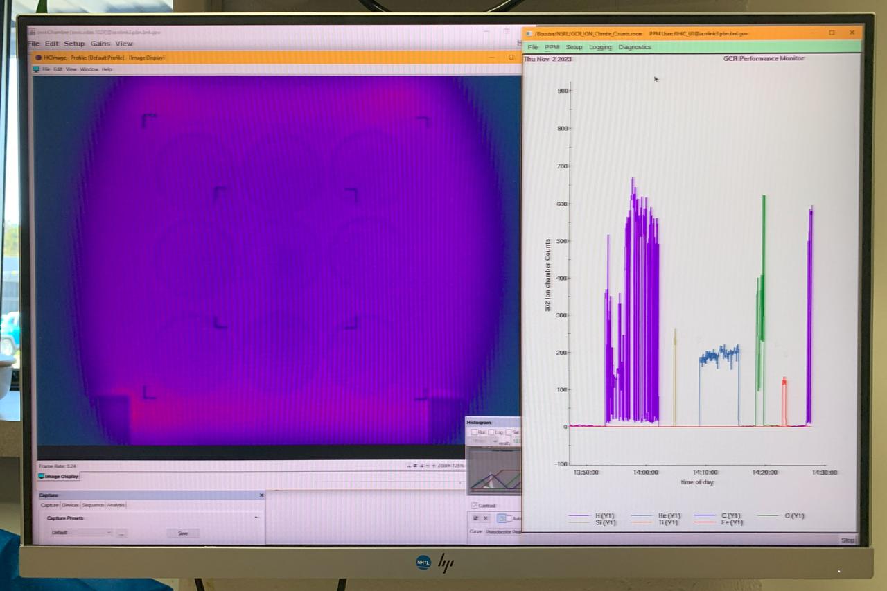 jsc2024e062111 (9/13/2024) --- The monitor displays the ion beam profile of Galactic Cosmic Ray Simulation (GCRSim) used in the ANT1 Radiation Tolerance Experiment with Moss in Orbit on the Space Station (ARTEMOSS) investigation. The ARTEMOSS investigation examines whether and how an Antarctic moss repairs damage caused by cosmic radiation and microgravity. Image courtesy of Agata Zupanska.