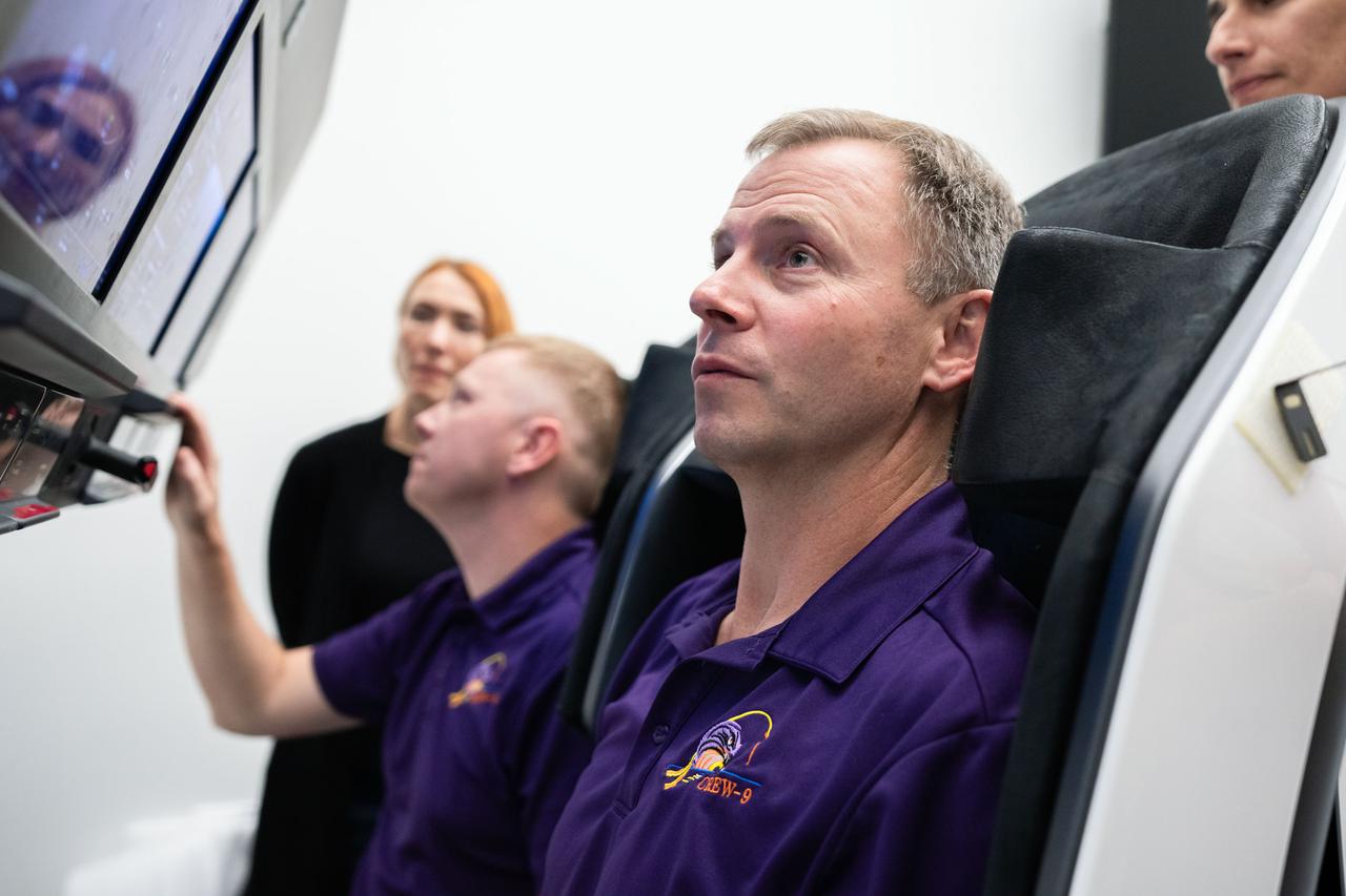 jsc2024e062798 (Sept. 2, 2024) --- NASA’s SpaceX Crew-9 crew members Nick Hague and cosmonaut Aleksandr Gorbunov are pictured completing their training before their mission to the International Space Station. This trip will mark Hague’s second visit to the orbiting laboratory and Gorbunov’s first. Credit: SpaceX