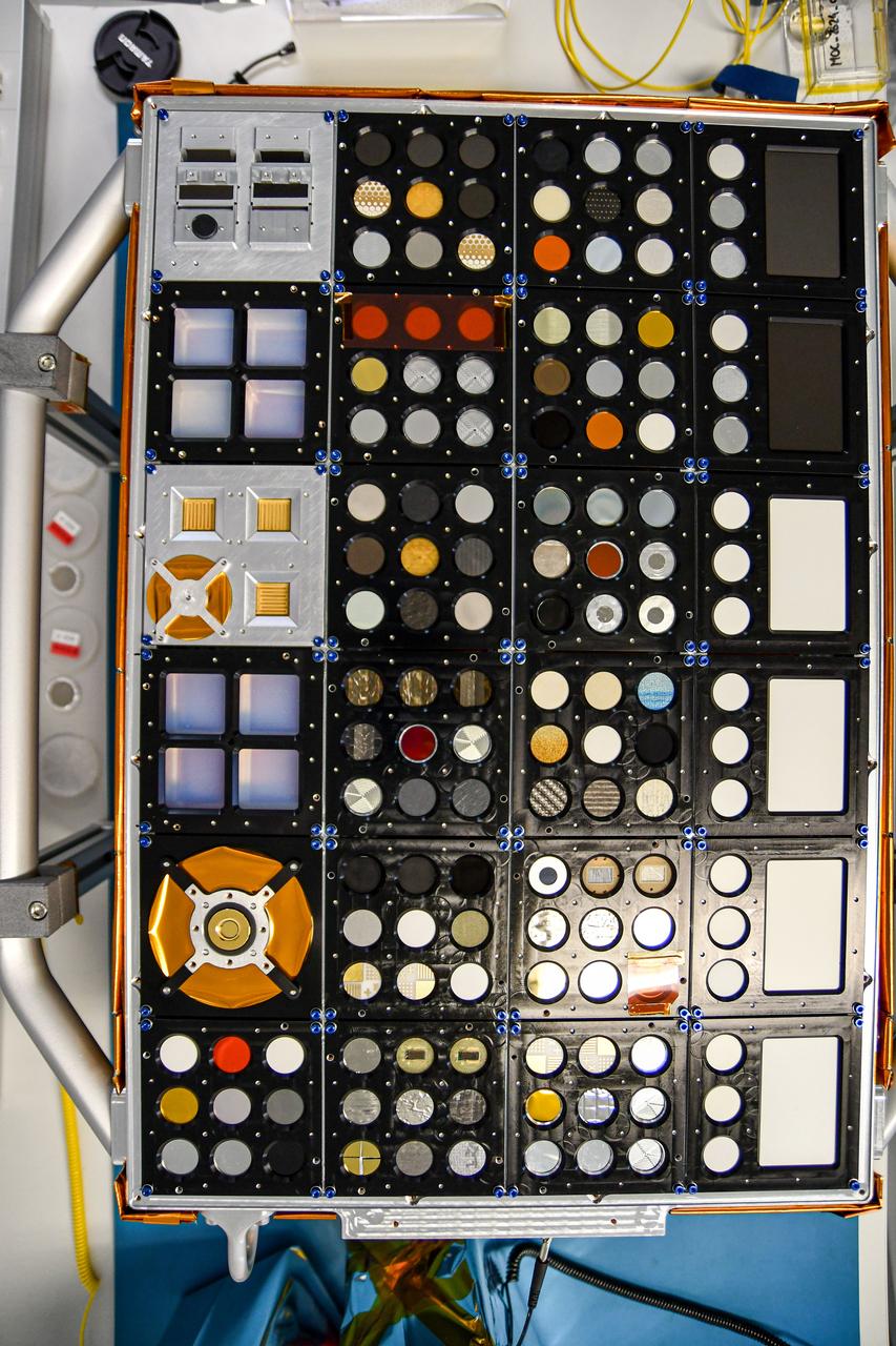 jsc2024e065153 (1/18/2024) --- Preflight view of the Space Experiment Study on Ageing of MatErial (SESAME) experiment portion of the Euro Material Ageing investigation. SESAME is an exposure panel to the space environment which contains different samples and sensors. Samples were chosen in function of projects' needs and research and development activities. Image courtesy of CNES..