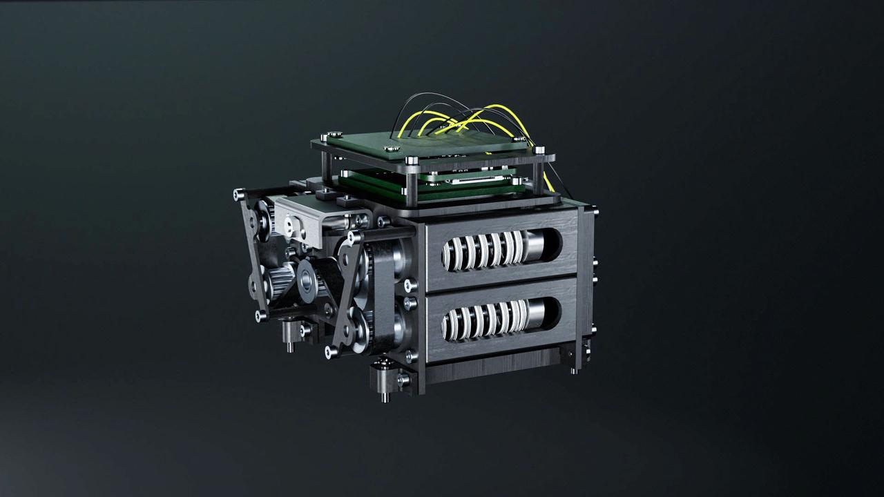 jsc2024e065166 (10/3/2024) --- Render of the Nanolab Astrobeat module core. This investigation tests cold welding in a space environment. Cold welding is a method in which metallic materials fuse or weld at ambient temperature provided that there is sufficient high contact force. Testing consists of releasing tension in springs so two pieces of metal collide to perform cold welding. Image courtesy of Dr. Leonardo Barilaro, The Malta College of Arts, Science & Technology.