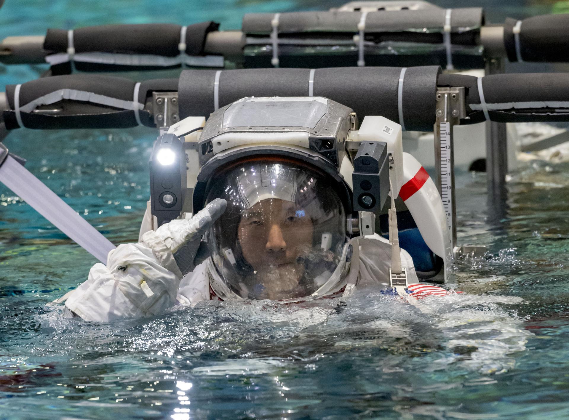 NASA astronaut and Soyuz MS-27 crew member Jonny Kim undergoes International Space Station Extravehicular Activity (EVA) maintenance training, or spacewalk training, at Jonson’s Neutral Buoyancy.