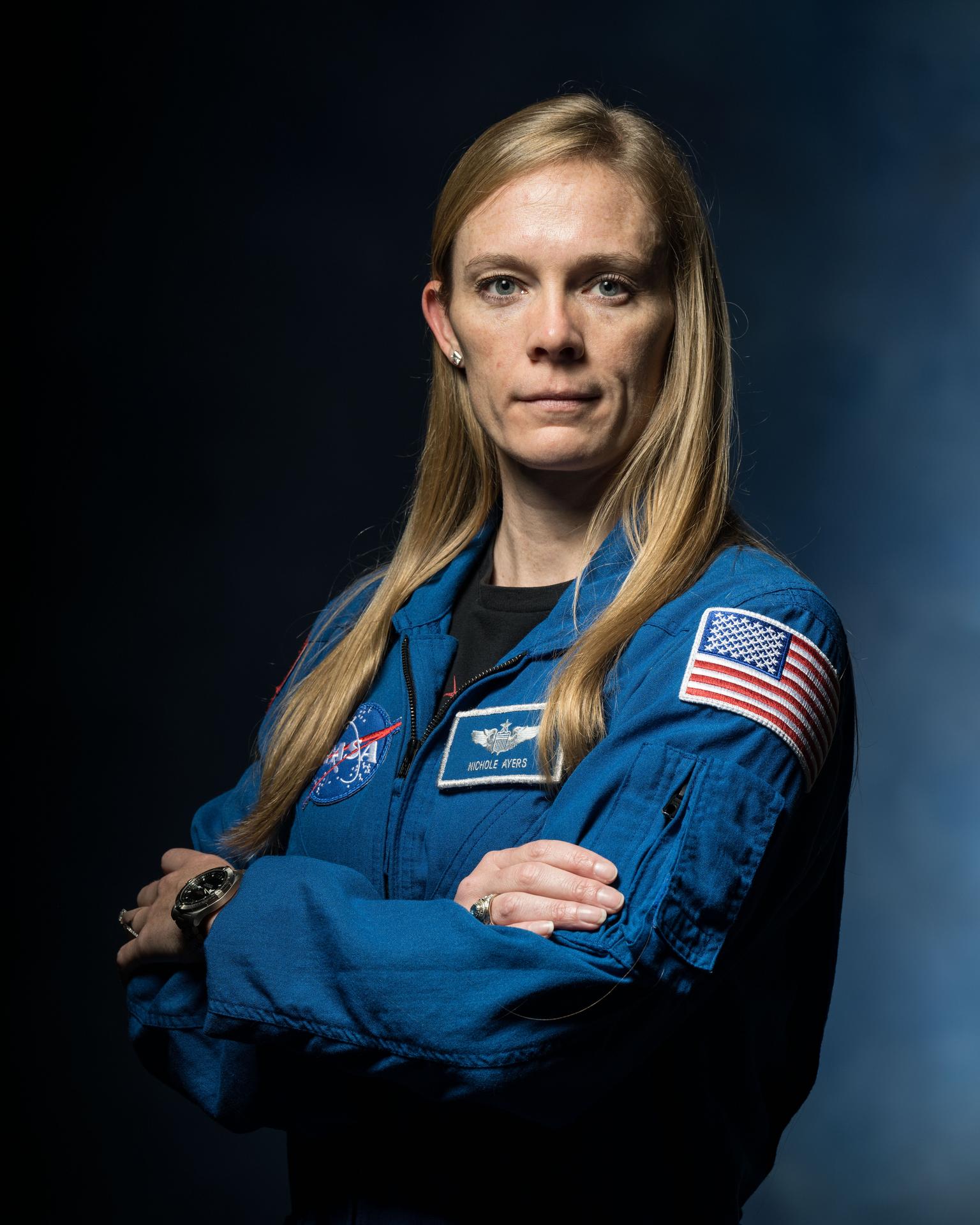 NASA astronaut Nichole Ayers, SpaceX Crew-10 Pilot and Expedition 73 Flight Engineer, poses for a crew portrait at Johnson Space Center in Houston, Texa