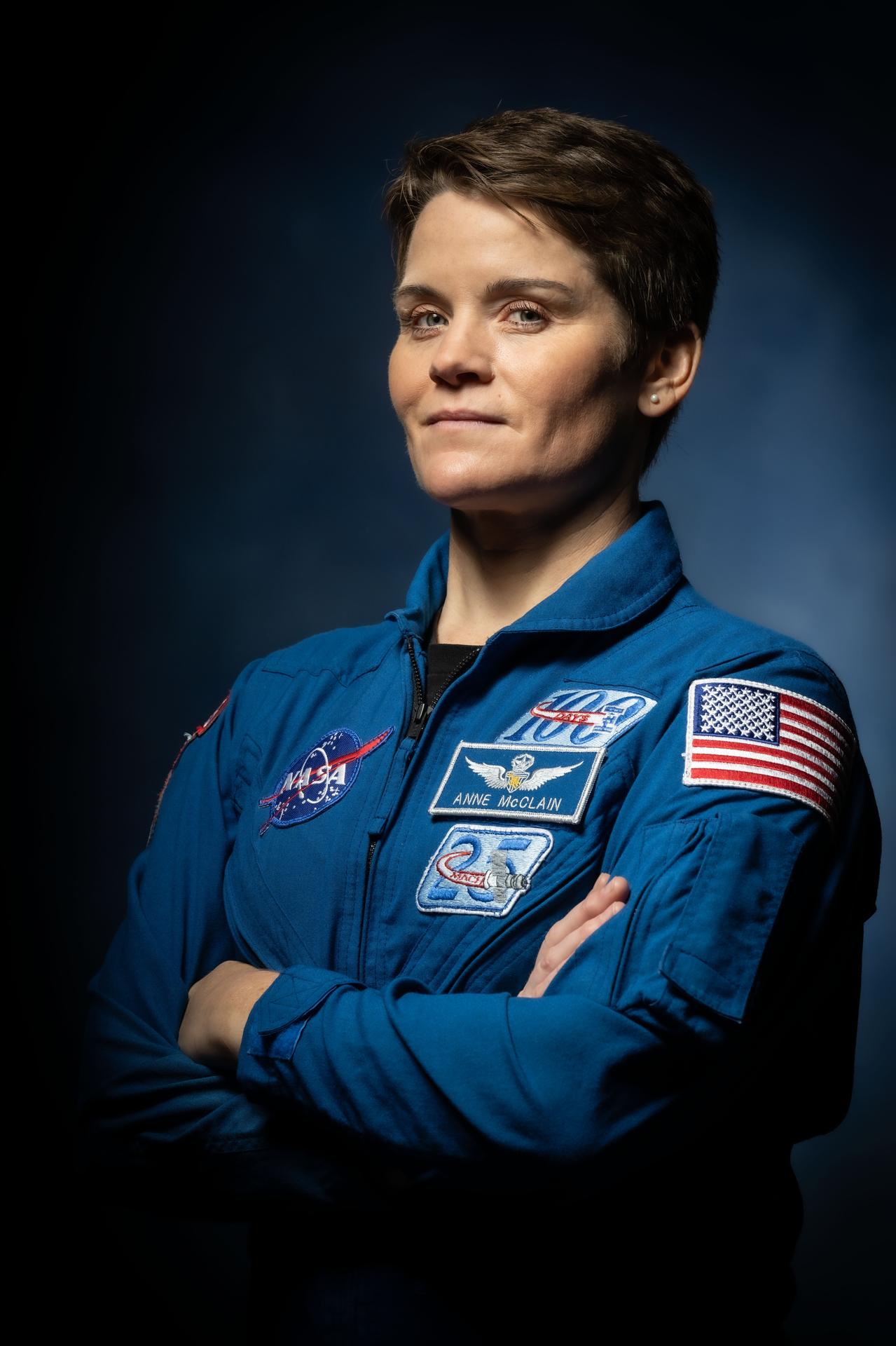 NASA astronaut Anne McClain, SpaceX Crew-10 Commander and Expedition 73 Flight Engineer, poses for a crew portrait at Johnson Space Center in Houston, Texas.