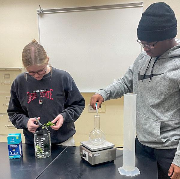 jsc2024e067095 (1/30/2024) --- Pickerington High School North students Macy Erickson and Dorian Hamilton prepard Elodea samples and hydration solution for their research experiment trials. Their experiment, Effects of Microgravity on Liquid I.V. Hydration Multiplier, is part of the Nanoracks-National Center for Earth and Space Science Education-Surveyor-Student Spaceflight Experiments Program Mission 18 to ISS (Nanoracks-NCESSE-Surveyor-SSEP).